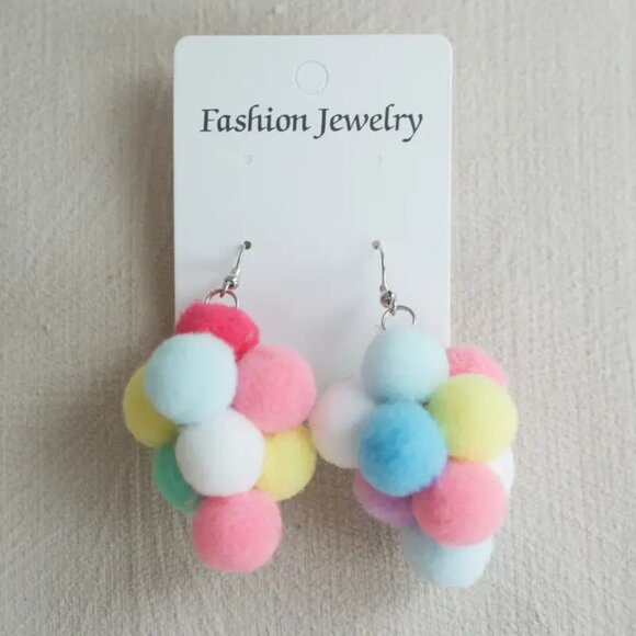 #08 Cute Pom Pom Puffs Drop Earrings - Picture 1 of 1
